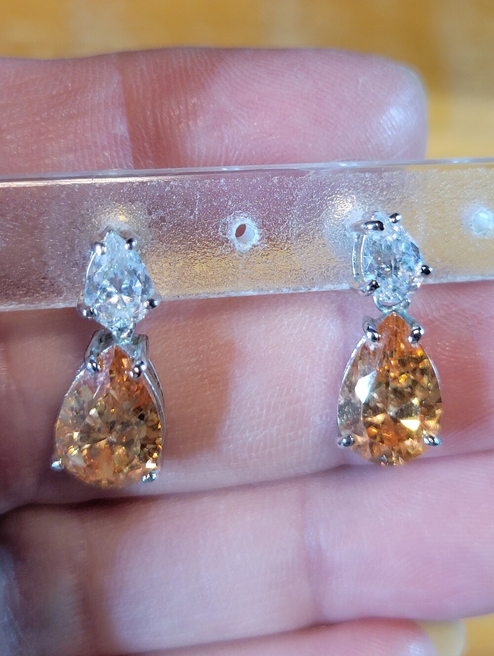 Elegant Sterling Silver Drop Earrings with Peach and Clear Pear Cubic Zirconia